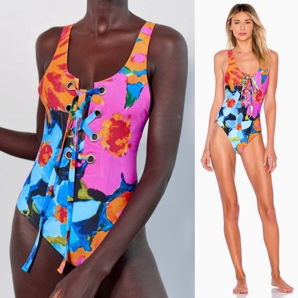 Mara Hoffman Other - NWT Mara Hoffman Desa Lace Up One Piece Swimsuit Blue Multi Floral Small S